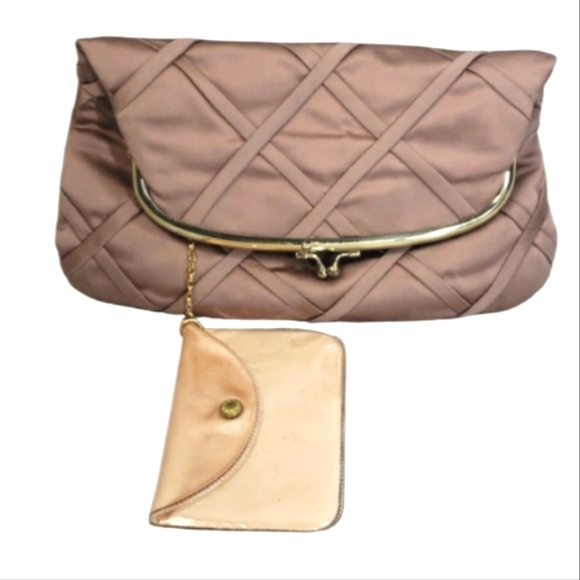 JR Creamy Satin Fold Over Purse Crossed Ribbons & Small Wallet Made in The USA. - Picture 1 of 16